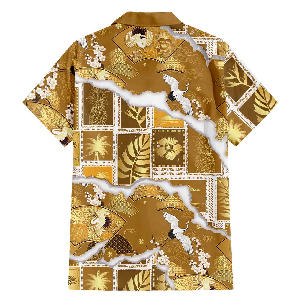 Hawaii Japanese Culture Gold Hawaiian Shirt Spring Cranes Aloha Pattern