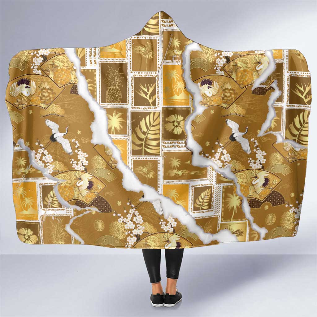 Hawaii Japanese Culture Gold Hooded Blanket Spring Cranes Aloha Pattern