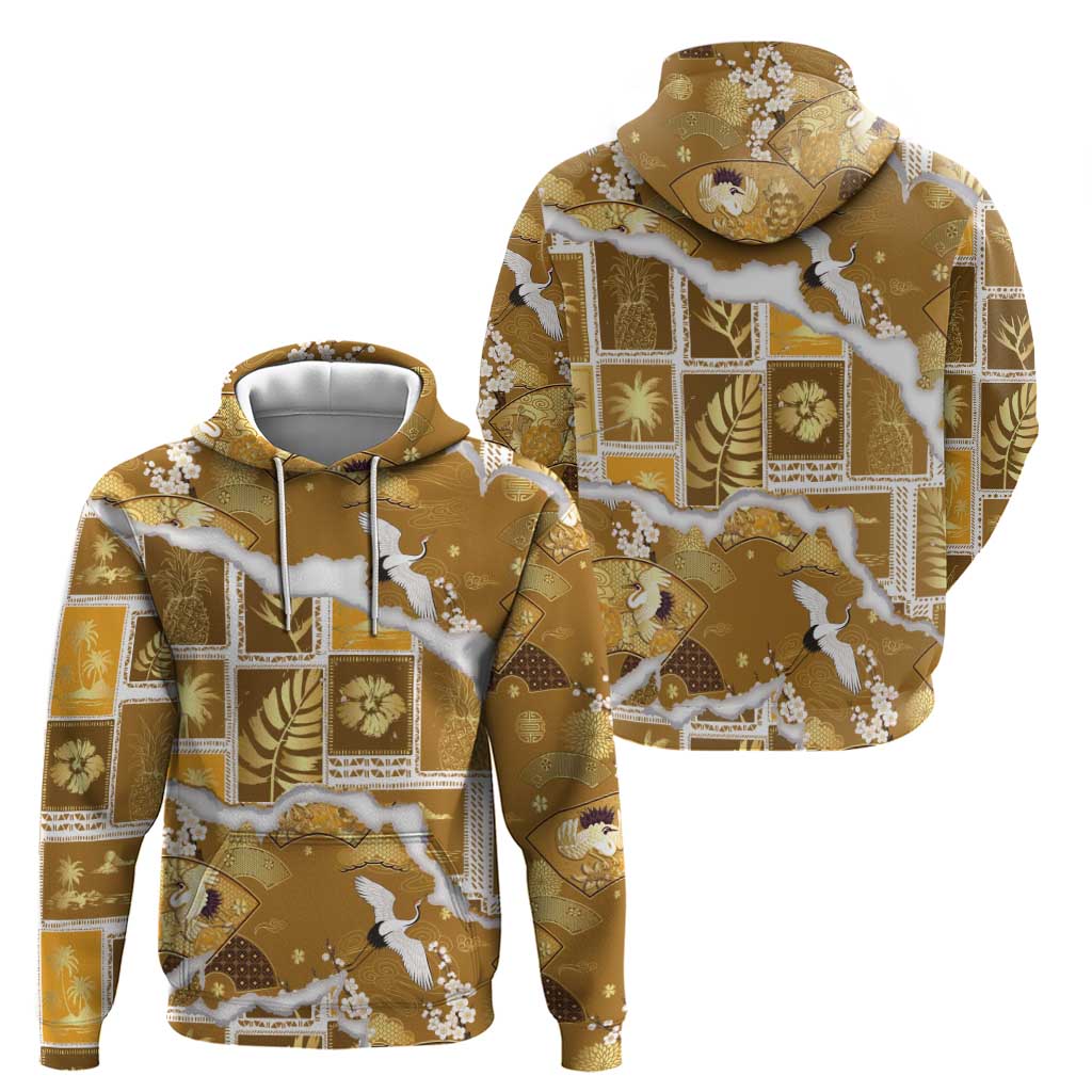 Hawaii Japanese Culture Gold Hoodie Spring Cranes Aloha Pattern