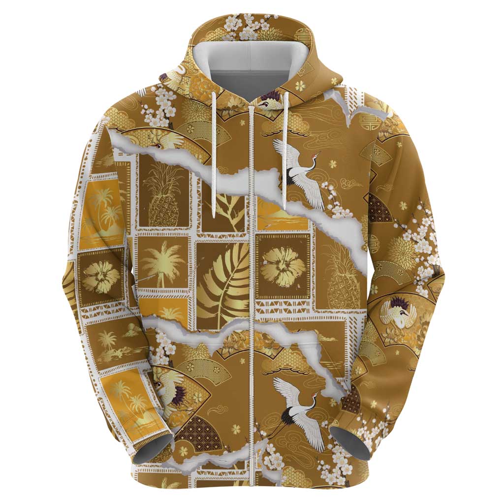 Hawaii Japanese Culture Gold Hoodie Spring Cranes Aloha Pattern