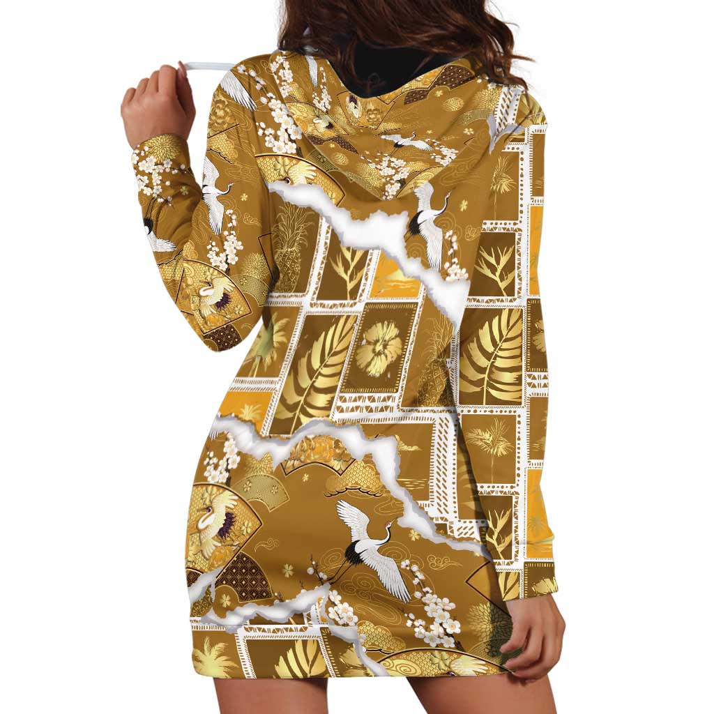 Hawaii Japanese Culture Gold Hoodie Dress Spring Cranes Aloha Pattern