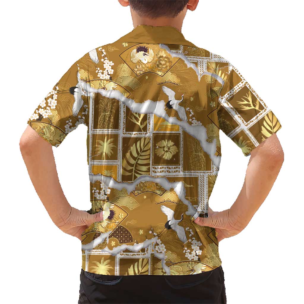 Hawaii Japanese Culture Gold Kid Hawaiian Shirt Spring Cranes Aloha Pattern