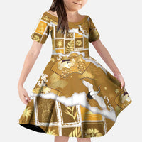 Hawaii Japanese Culture Gold Kid Short Sleeve Dress Spring Cranes Aloha Pattern