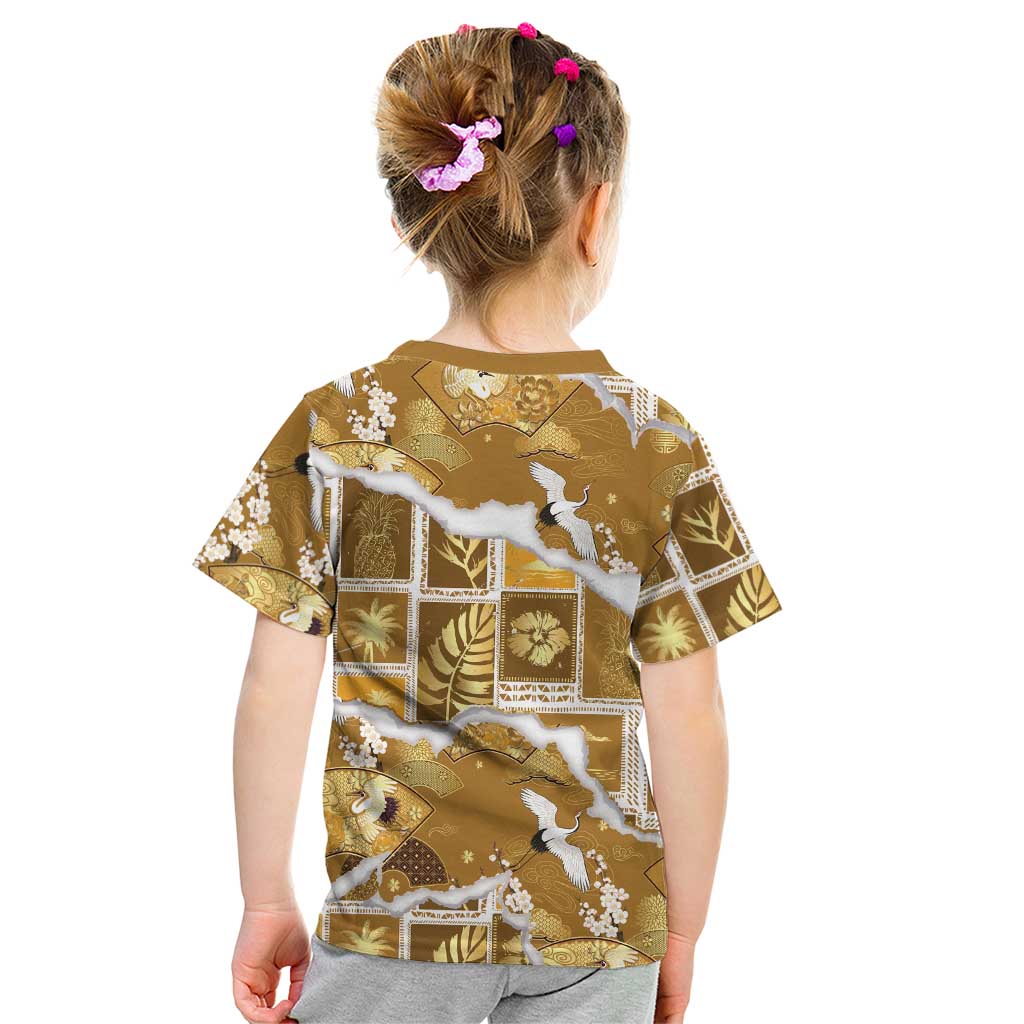 Hawaii Japanese Culture Gold Kid T Shirt Spring Cranes Aloha Pattern