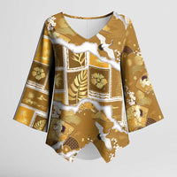 Hawaii Japanese Culture Gold Kimono Sleeve Blouse Spring Cranes Aloha Pattern