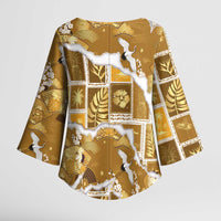 Hawaii Japanese Culture Gold Kimono Sleeve Blouse Spring Cranes Aloha Pattern