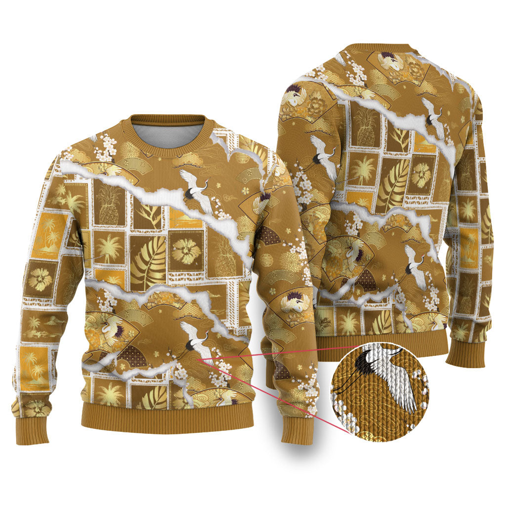 Hawaii Japanese Culture Gold Ugly Christmas Sweater Spring Cranes Aloha Pattern LT01 Gold - Polynesian Pride