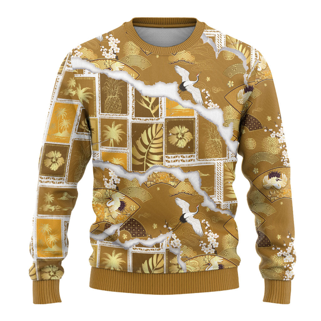 Hawaii Japanese Culture Gold Ugly Christmas Sweater Spring Cranes Aloha Pattern LT01 - Polynesian Pride