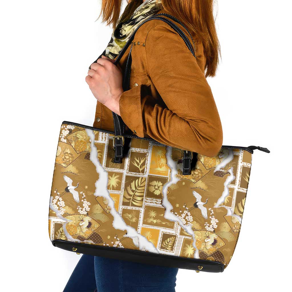 Hawaii Japanese Culture Gold Leather Tote Bag Spring Cranes Aloha Pattern