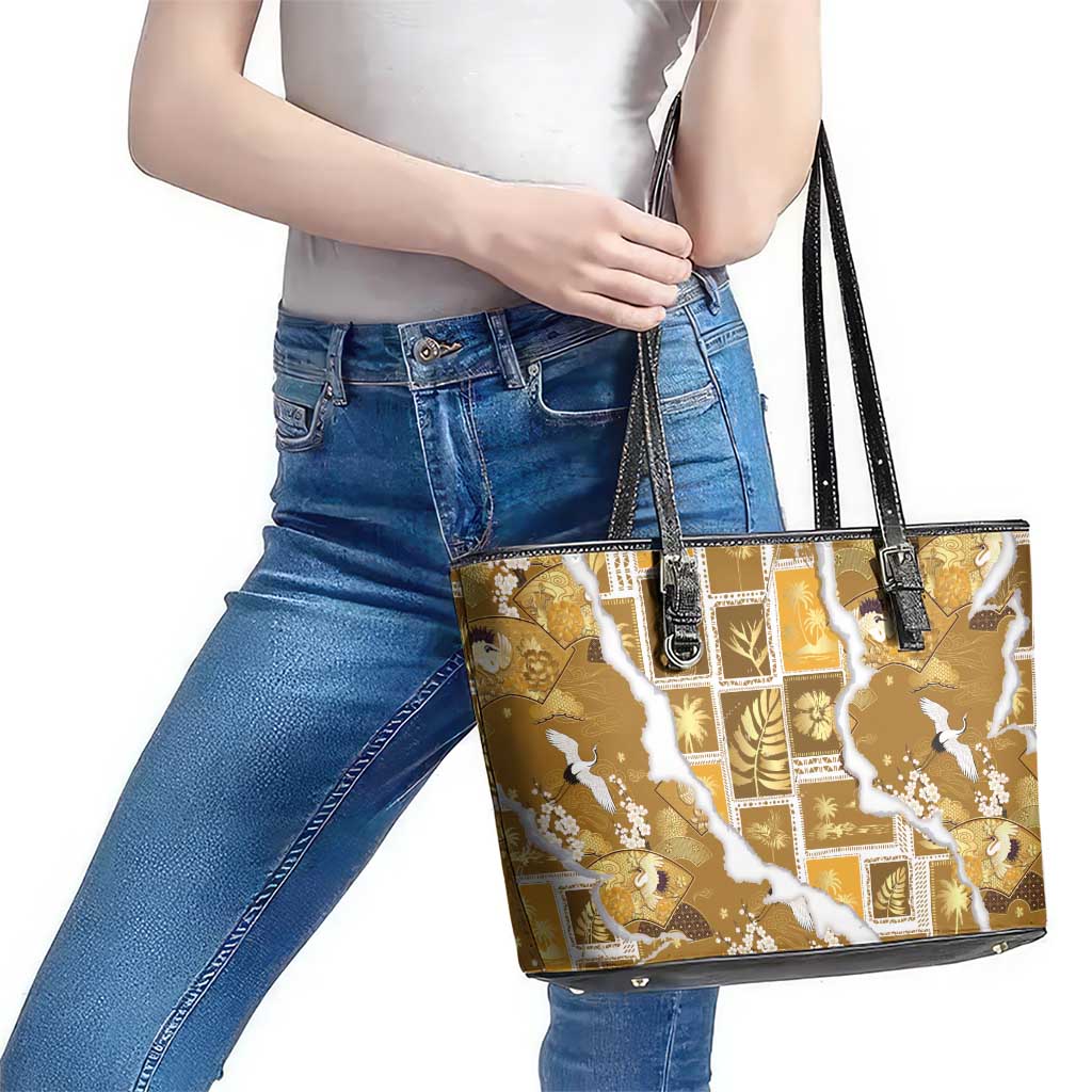 Hawaii Japanese Culture Gold Leather Tote Bag Spring Cranes Aloha Pattern