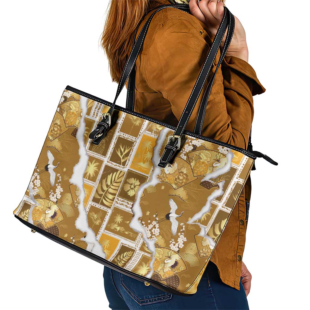 Hawaii Japanese Culture Gold Leather Tote Bag Spring Cranes Aloha Pattern