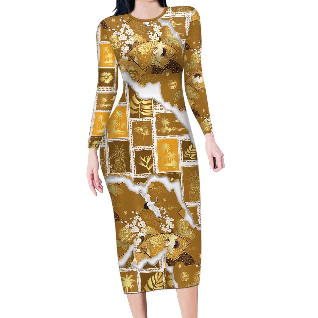 Hawaii Japanese Culture Gold Long Sleeve Bodycon Dress Spring Cranes Aloha Pattern
