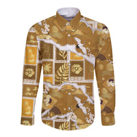 Hawaii Japanese Culture Gold Long Sleeve Button Shirt Spring Cranes Aloha Pattern