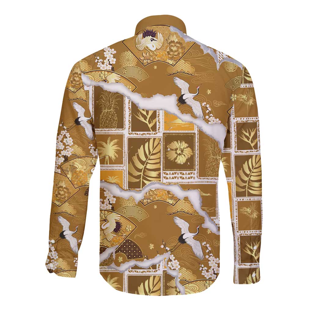 Hawaii Japanese Culture Gold Long Sleeve Button Shirt Spring Cranes Aloha Pattern