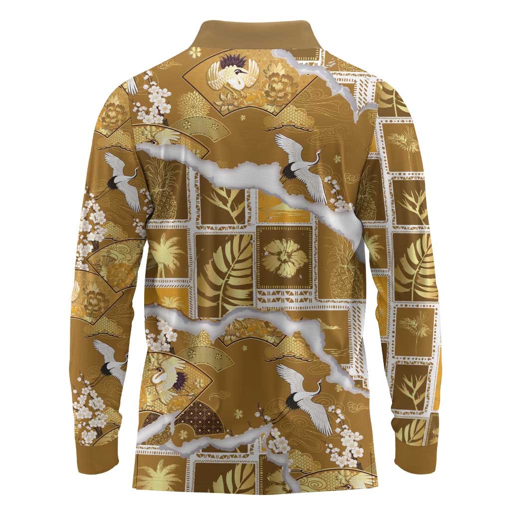 Hawaii Japanese Culture Gold Long Sleeve Polo Shirt Spring Cranes Aloha Pattern