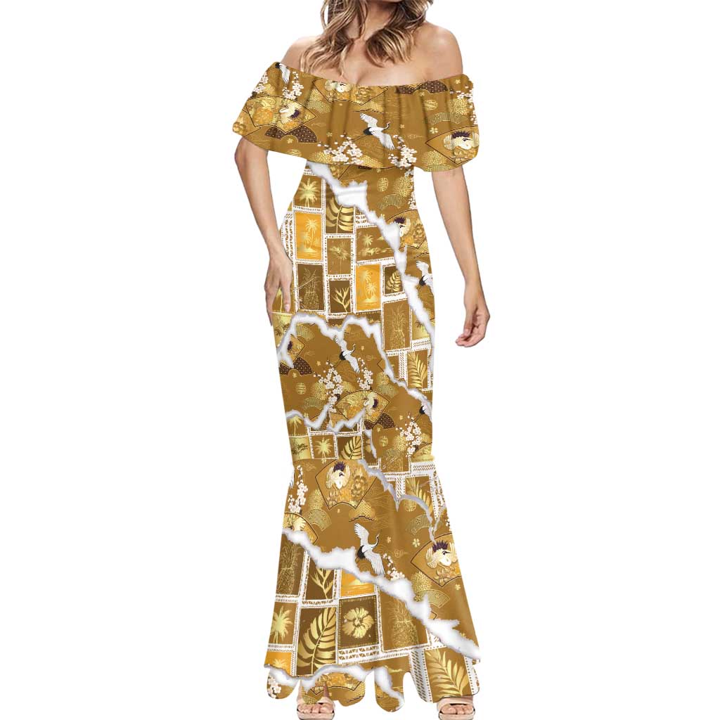 Hawaii Japanese Culture Gold Mermaid Dress Spring Cranes Aloha Pattern