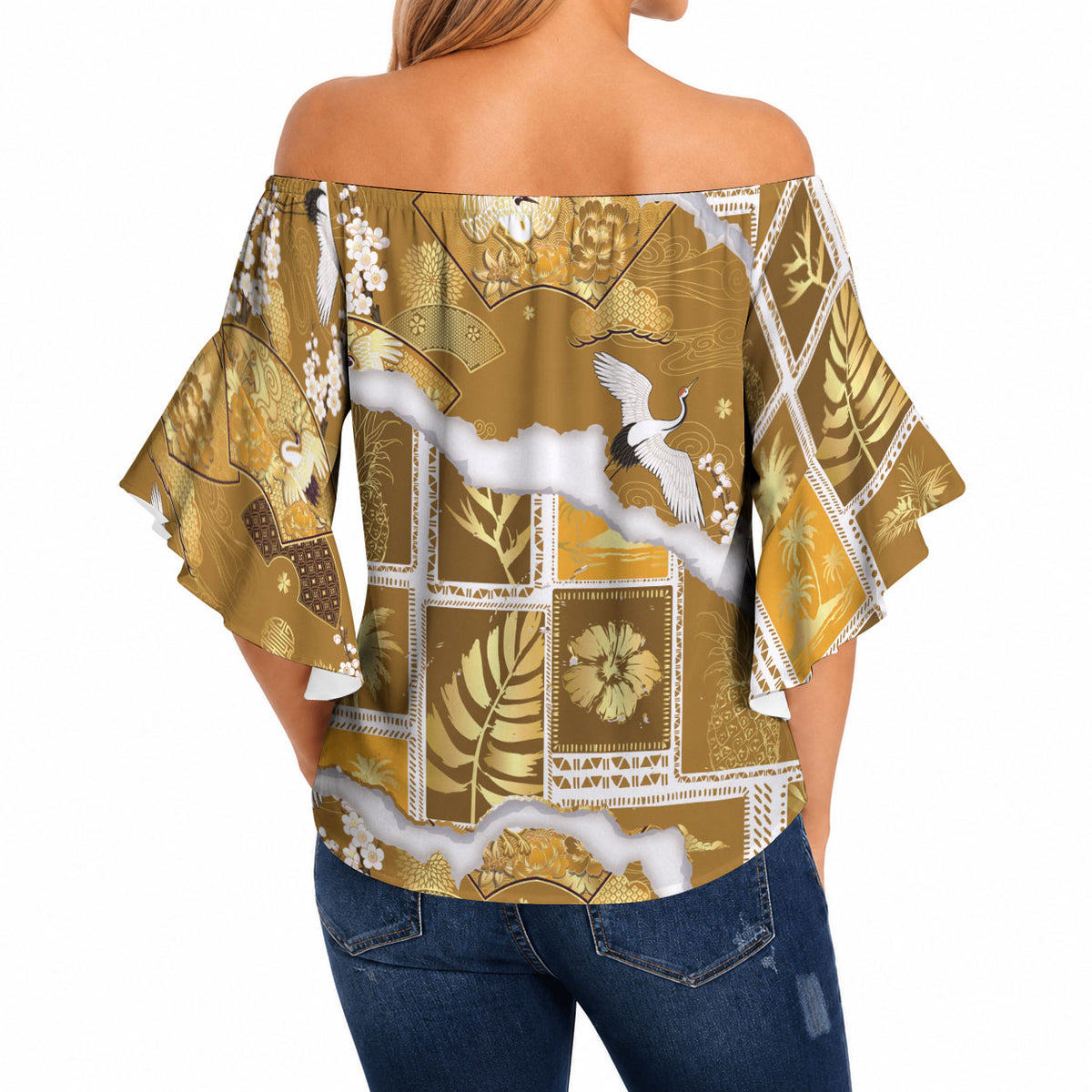 Hawaii Japanese Culture Gold Off Shoulder Wrap Waist Top Spring Cranes Aloha Pattern LT01 - Polynesian Pride
