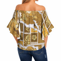 Hawaii Japanese Culture Gold Off Shoulder Wrap Waist Top Spring Cranes Aloha Pattern LT01 - Polynesian Pride