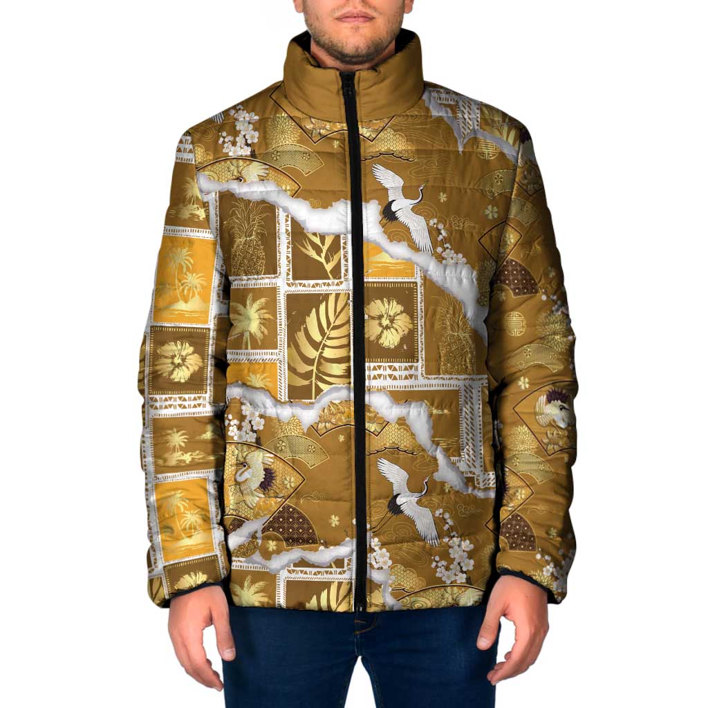 Hawaii Japanese Culture Gold Padded Jacket Spring Cranes Aloha Pattern