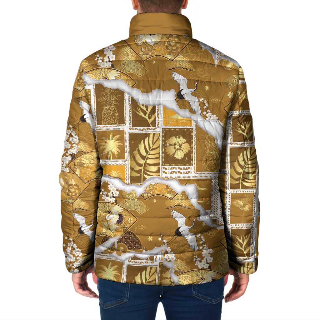 Hawaii Japanese Culture Gold Padded Jacket Spring Cranes Aloha Pattern