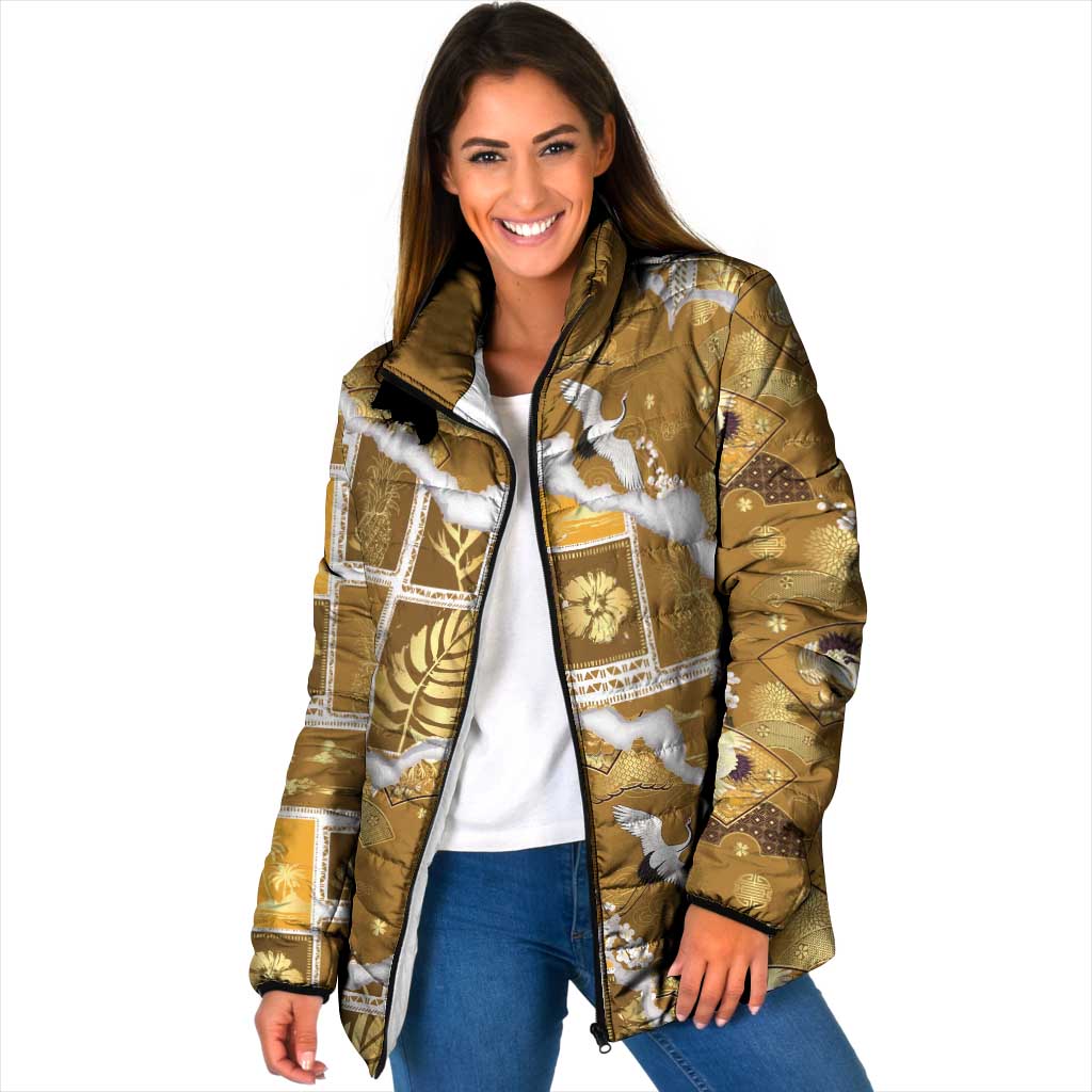 Hawaii Japanese Culture Gold Padded Jacket Spring Cranes Aloha Pattern