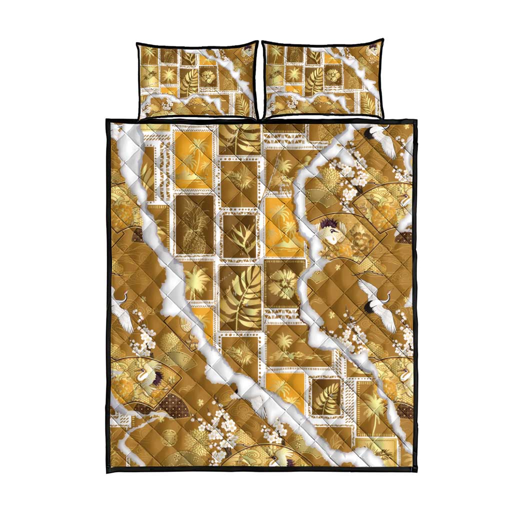 Hawaii Japanese Culture Gold Quilt Bed Set Spring Cranes Aloha Pattern