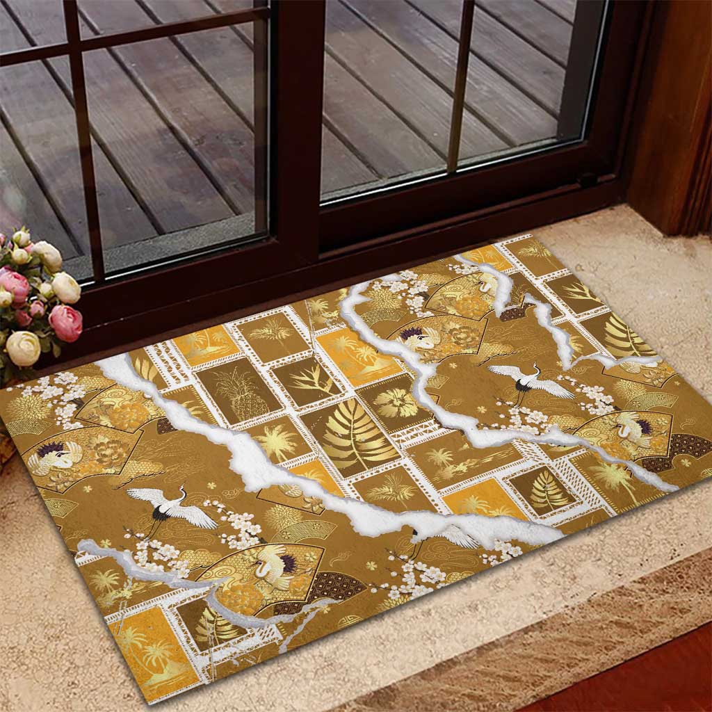 Hawaii Japanese Culture Gold Rubber Doormat Spring Cranes Aloha Pattern