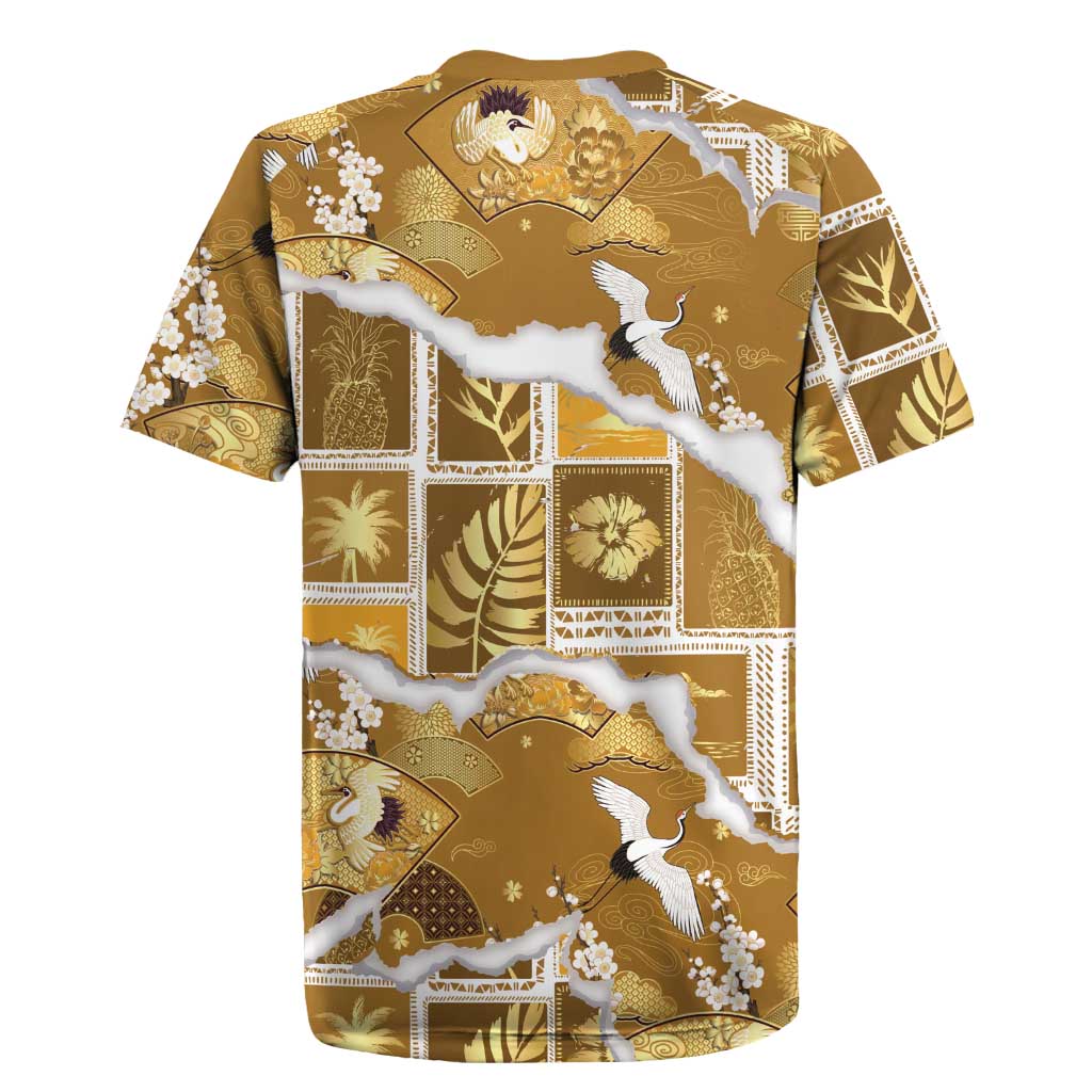 Hawaii Japanese Culture Gold Rugby Jersey Spring Cranes Aloha Pattern