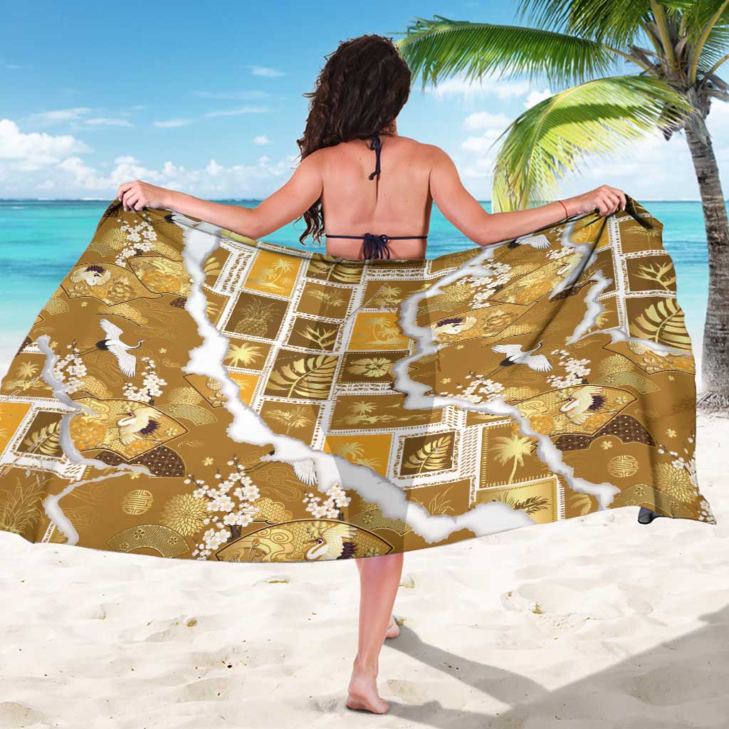Hawaii Japanese Culture Gold Sarong Spring Cranes Aloha Pattern