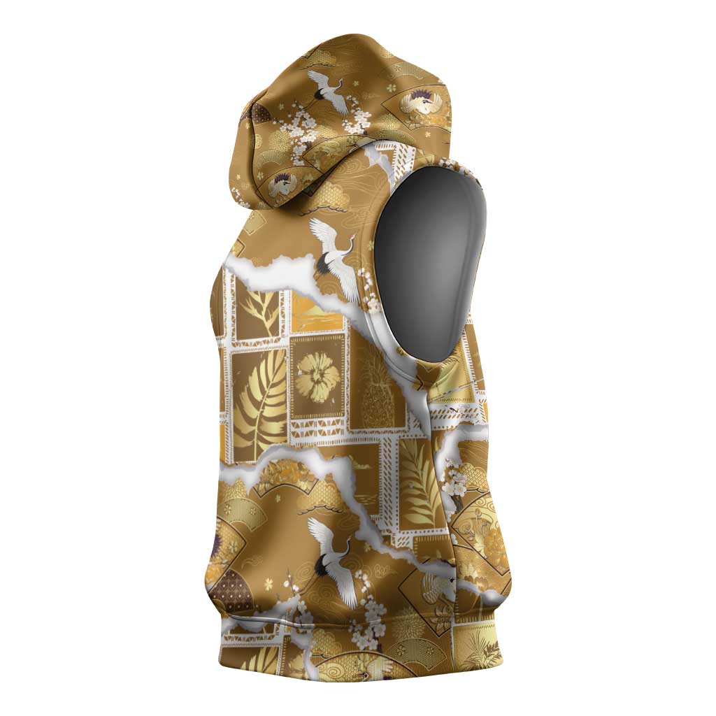 Hawaii Japanese Culture Gold Sleeveless Hoodie Spring Cranes Aloha Pattern