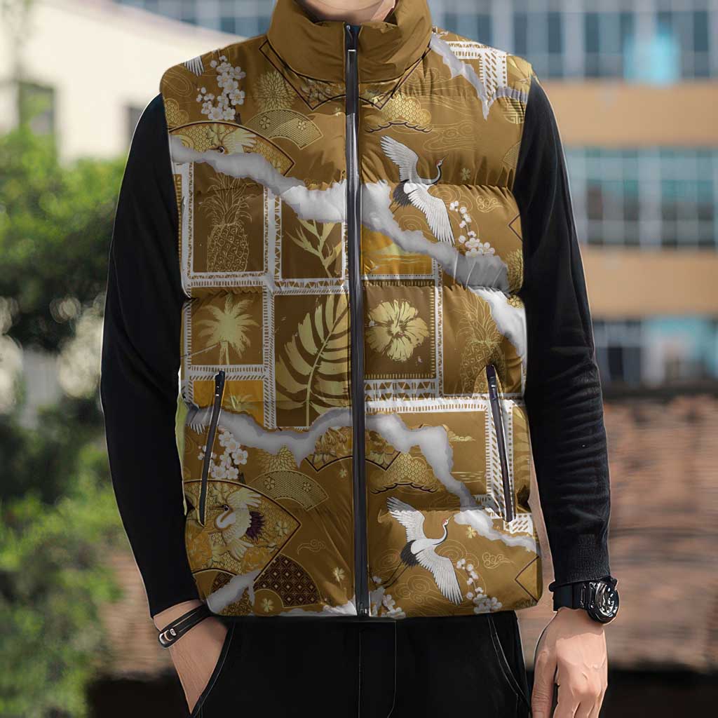 Hawaii Japanese Culture Gold Sleeveless Puffer Jacket Spring Cranes Aloha Pattern