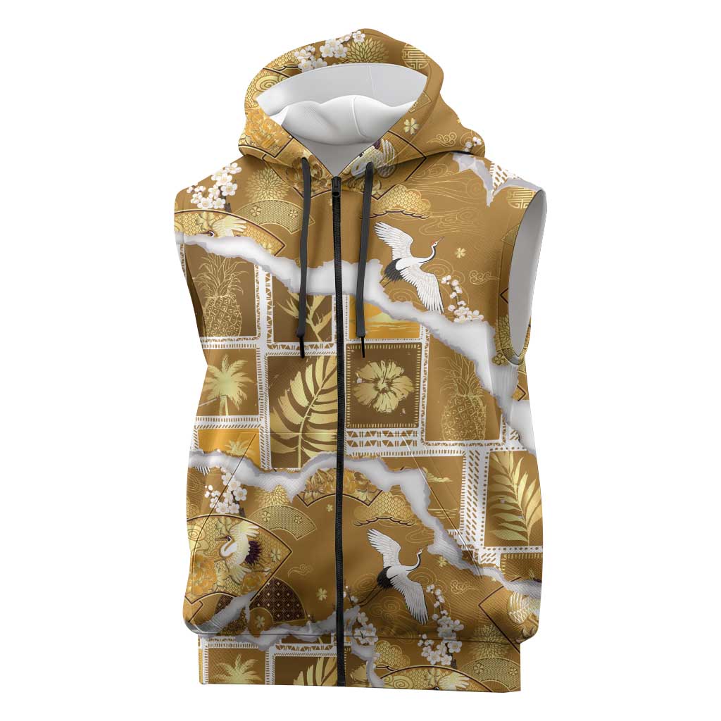 Hawaii Japanese Culture Gold Sleeveless Zip Hoodie Spring Cranes Aloha Pattern