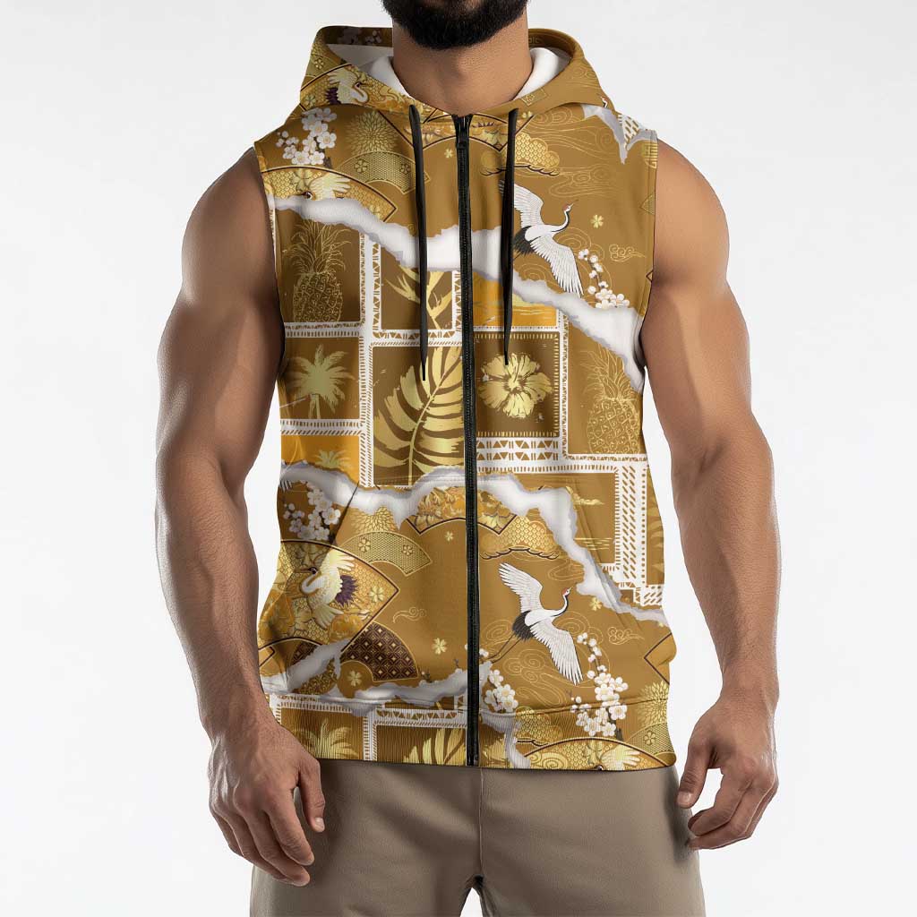 Hawaii Japanese Culture Gold Sleeveless Zip Hoodie Spring Cranes Aloha Pattern