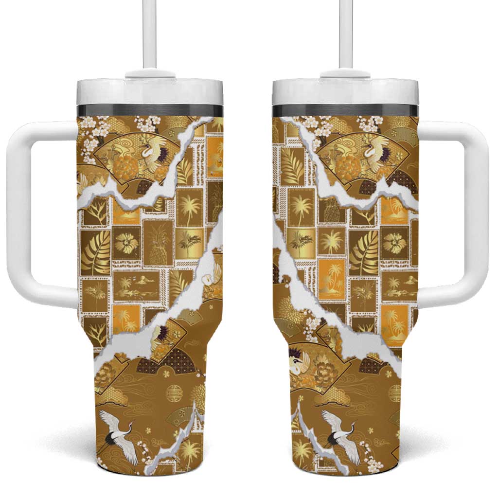 Hawaii Japanese Culture Gold Tumbler With Handle Spring Cranes Aloha Pattern