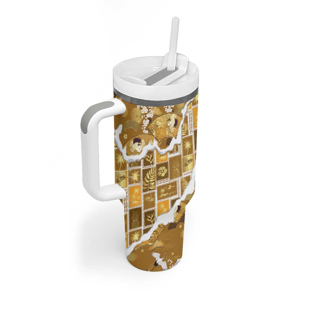 Hawaii Japanese Culture Gold Tumbler With Handle Spring Cranes Aloha Pattern