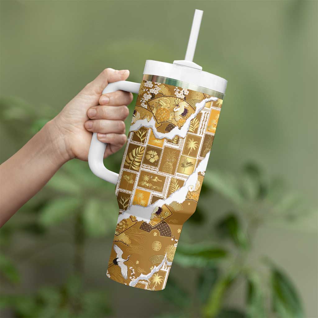 Hawaii Japanese Culture Gold Tumbler With Handle Spring Cranes Aloha Pattern