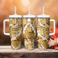 Hawaii Japanese Culture Gold Tumbler With Handle Spring Cranes Aloha Pattern