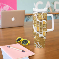 Hawaii Japanese Culture Gold Tumbler With Handle Spring Cranes Aloha Pattern
