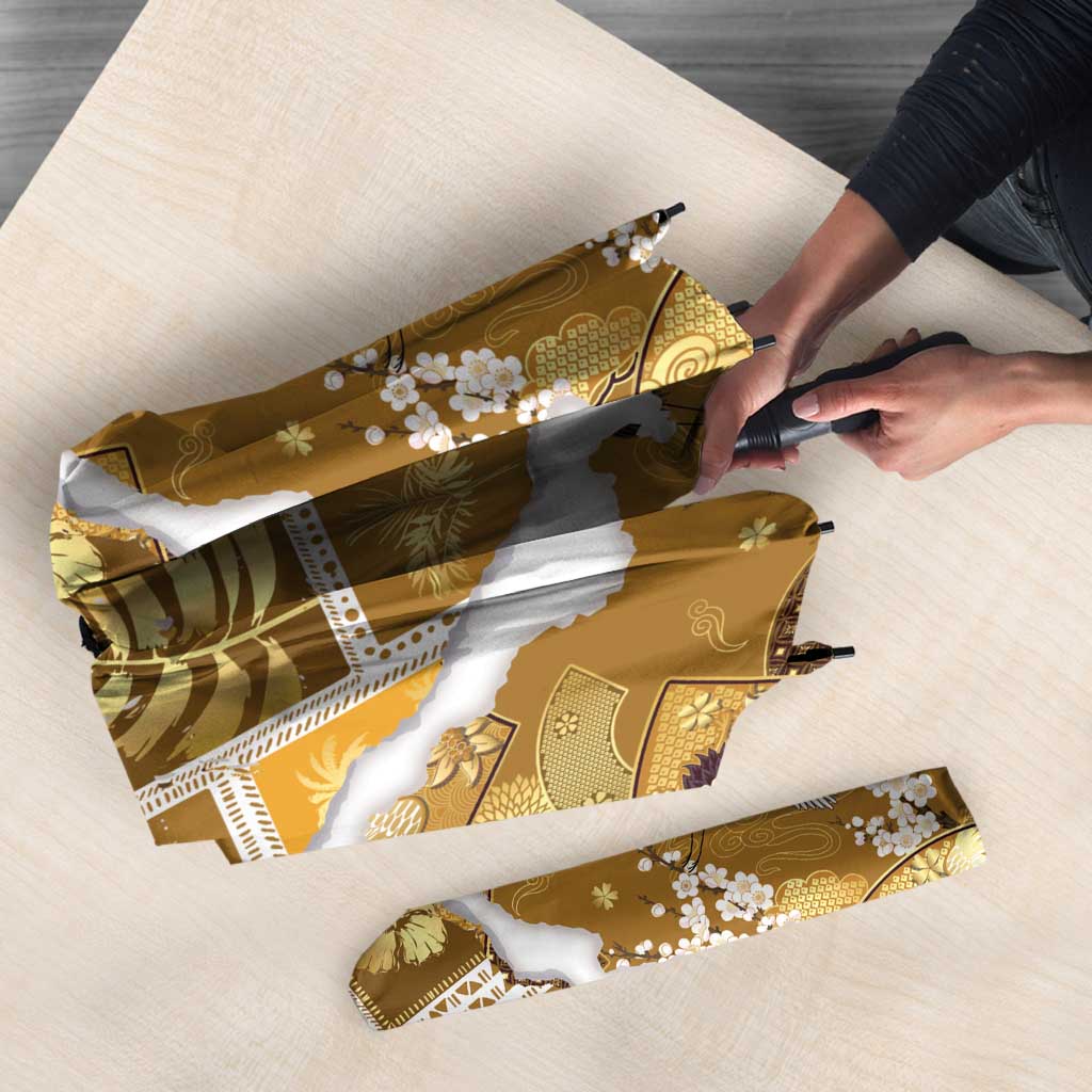 Hawaii Japanese Culture Gold Umbrella Spring Cranes Aloha Pattern