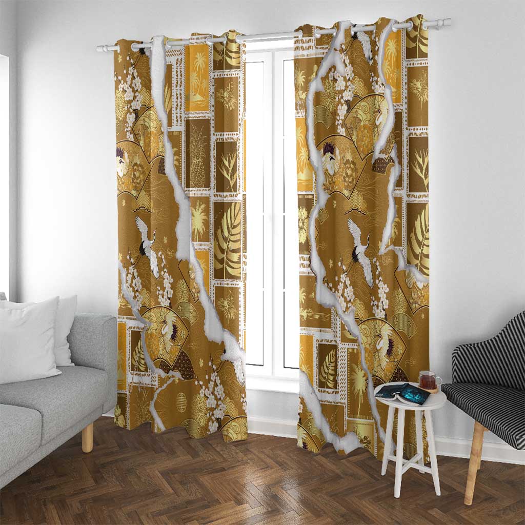 Hawaii Japanese Culture Gold Window Curtain Spring Cranes Aloha Pattern