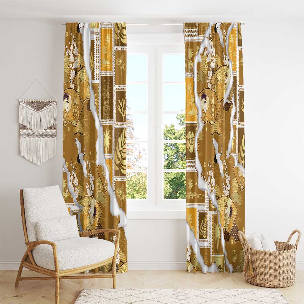 Hawaii Japanese Culture Gold Window Curtain Spring Cranes Aloha Pattern
