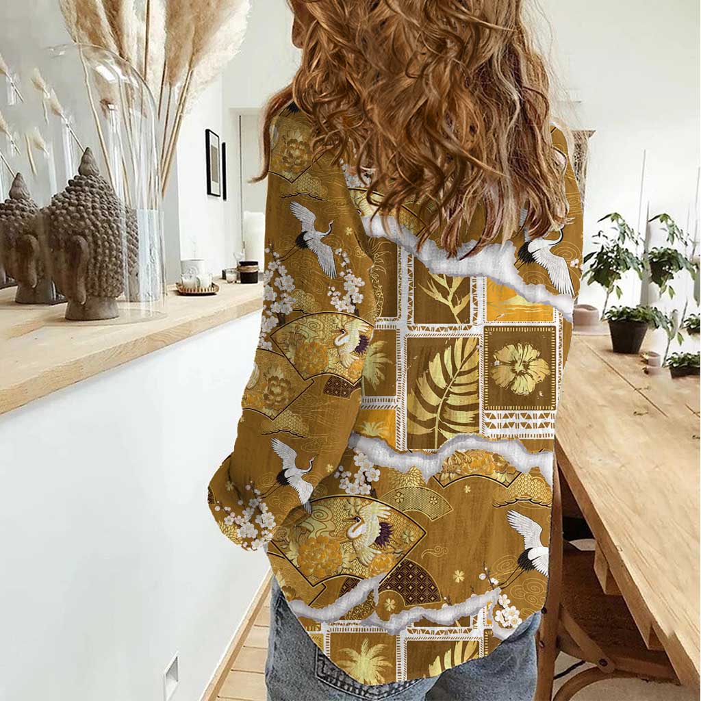 Hawaii Japanese Culture Gold Women Casual Shirt Spring Cranes Aloha Pattern