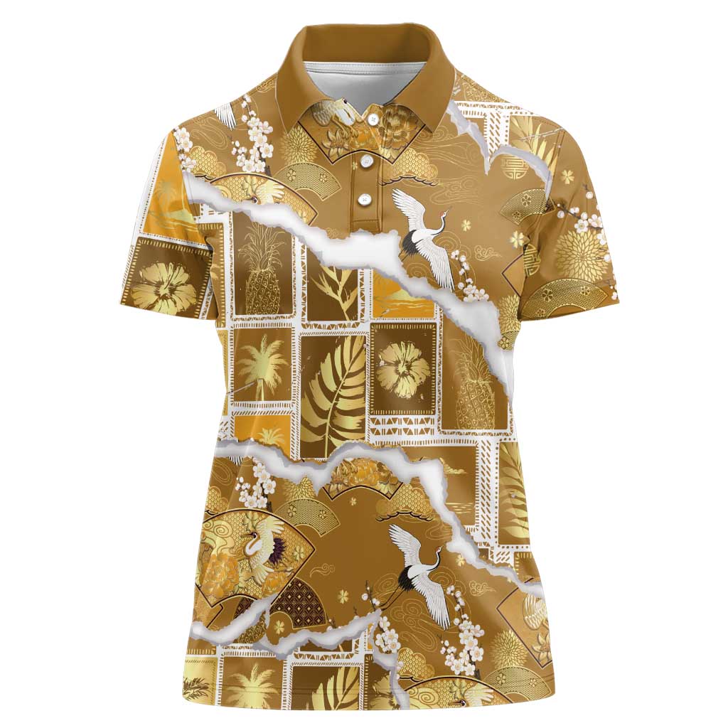 Hawaii Japanese Culture Gold Women Polo Shirt Spring Cranes Aloha Pattern