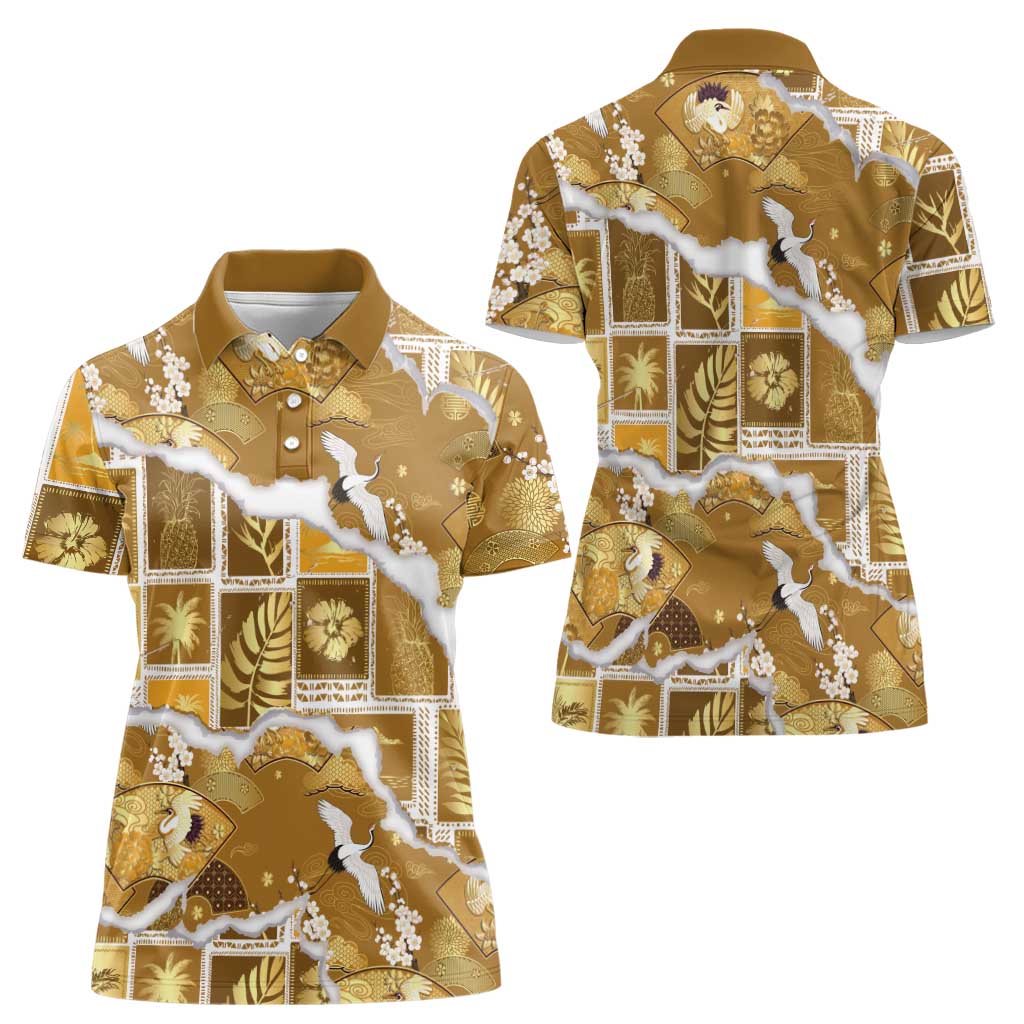 Hawaii Japanese Culture Gold Women Polo Shirt Spring Cranes Aloha Pattern