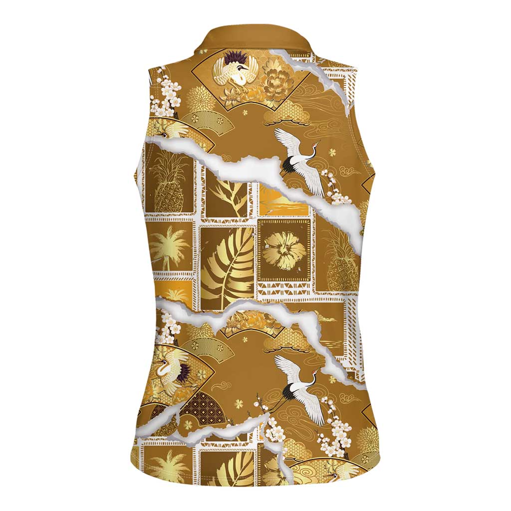 Hawaii Japanese Culture Gold Women Sleeveless Polo Shirt Spring Cranes Aloha Pattern