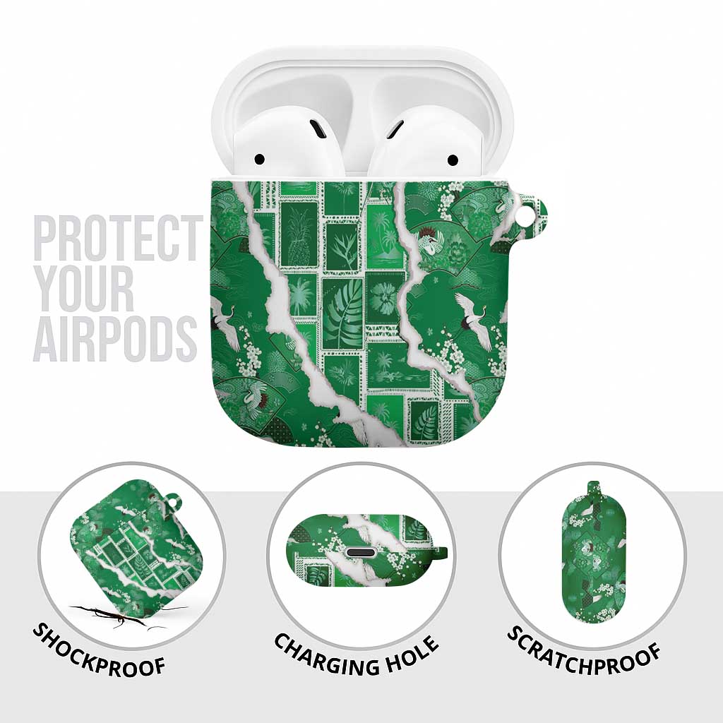 Hawaii Japanese Culture Green AirPods Case Spring Cranes Aloha Pattern