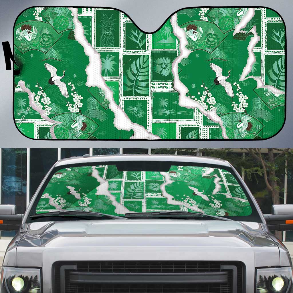 Hawaii Japanese Culture Green Auto Sun Shade Spring Cranes Aloha Pattern