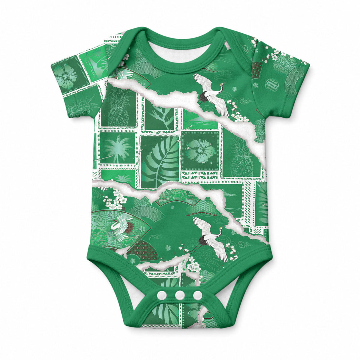 Hawaii Japanese Culture Green Baby Onesie Spring Cranes Aloha Pattern LT01 Green - Polynesian Pride