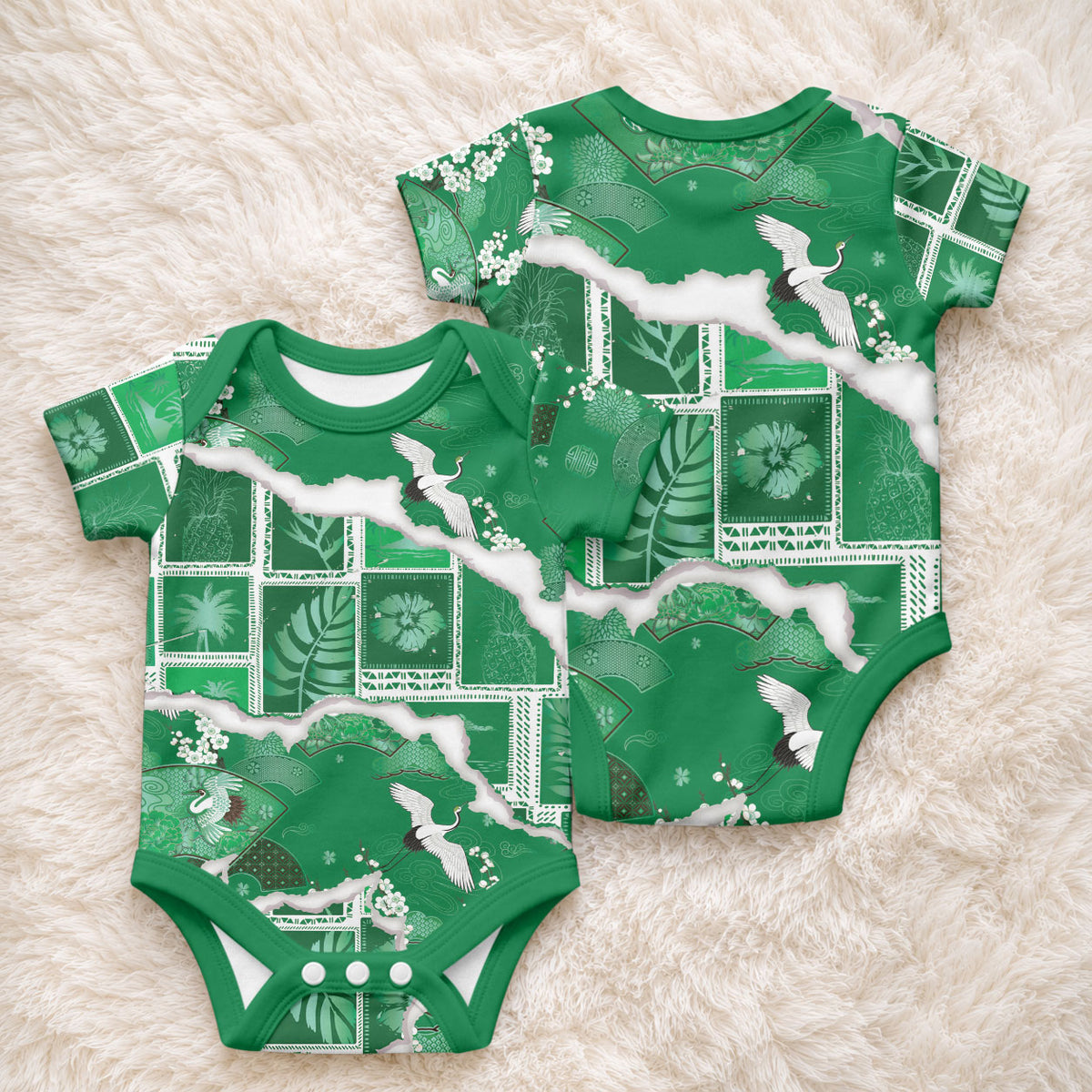 Hawaii Japanese Culture Green Baby Onesie Spring Cranes Aloha Pattern LT01 - Polynesian Pride