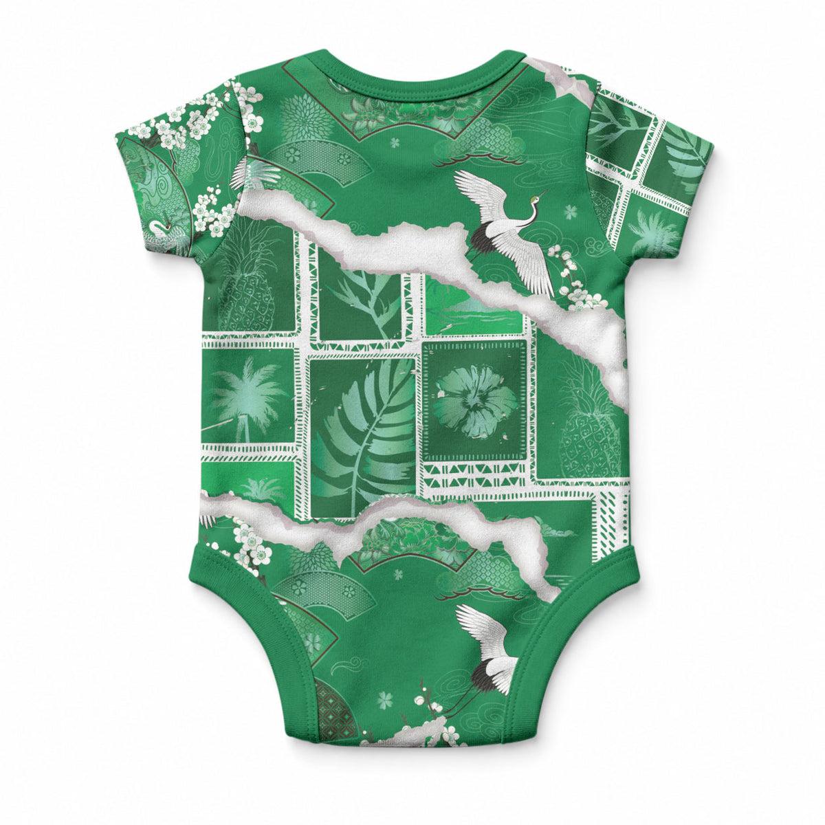 Hawaii Japanese Culture Green Baby Onesie Spring Cranes Aloha Pattern LT01 - Polynesian Pride